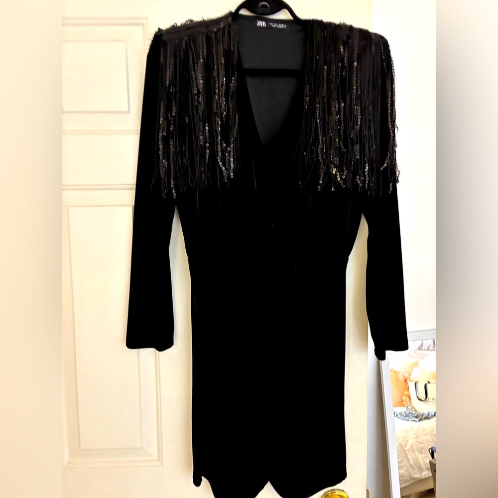 Black velvet and sequin fringe dress!